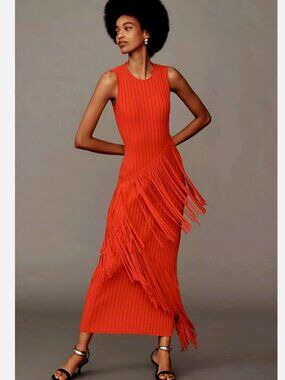 SIMON MILLER Spiral Knit Fringe Bodycon Maxi Dress Paprika S NWT Anthropologie